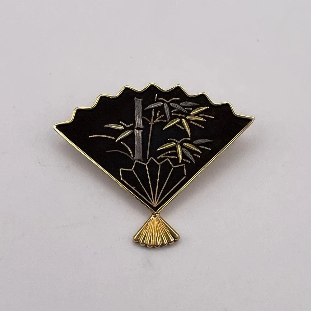Vintage Damascene Brooch Japanese Amita Fan